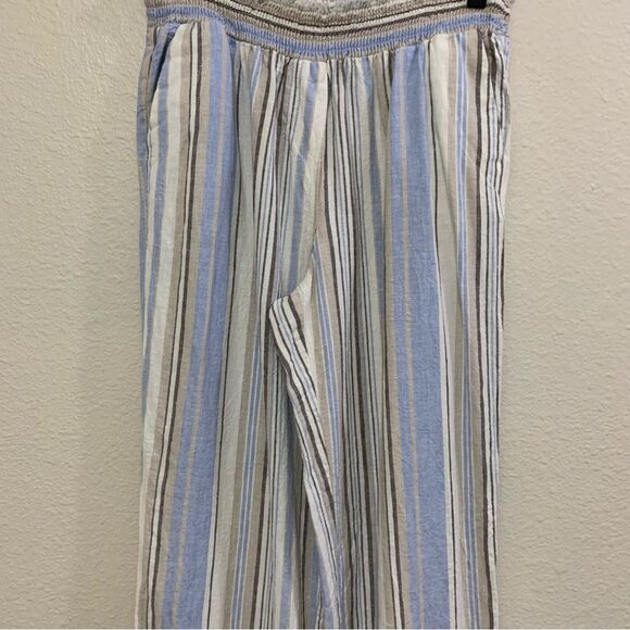 LAND N SEA PANTS WOMEN’S MEDIUM STRIPE CREAM BLUE BROWN 55% LINEN BLEND. - Picture 6 of 16